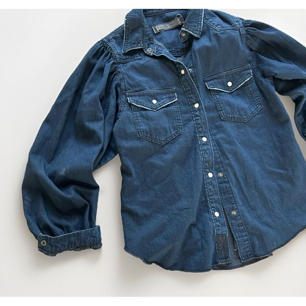 Free People With Love Snap Denim Western Shirt‎ Size XS Dark Cowgirl Puff sleeve